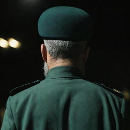 Rear three-sided view of a faceless IRGC guard with a wheat-colored beard, garbed in a jade green military uniform in a dark setting.