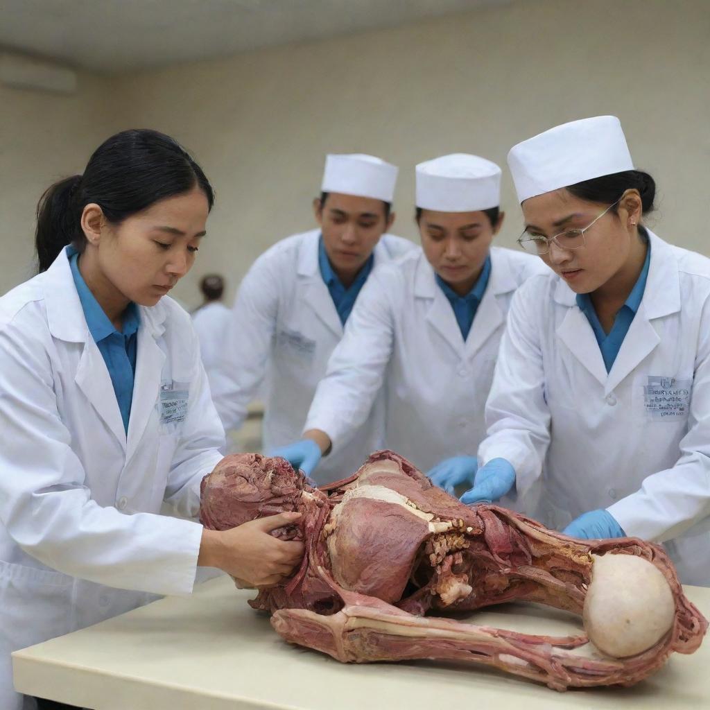 A realistic 3D scene of Indonesian medical students studying a cadaver for an anatomy lesson