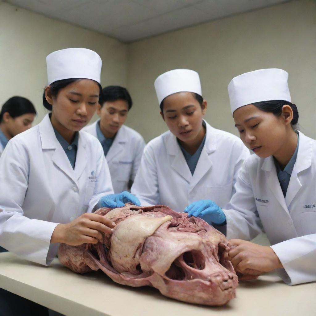 A realistic 3D scene of Indonesian medical students studying a cadaver for an anatomy lesson