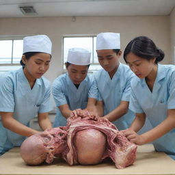 A realistic 3D scene of Indonesian medical students studying a cadaver for an anatomy lesson