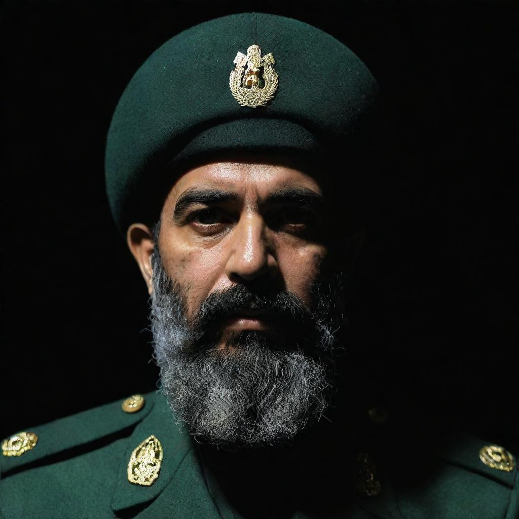 An IRGC guard, viewed from three-sided rear perspective, remains faceless in the dark. He sports a wheat-coloured beard and dons a jade green military uniform, all set against a dark environment.