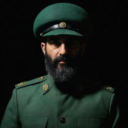 An IRGC guard, viewed from three-sided rear perspective, remains faceless in the dark. He sports a wheat-coloured beard and dons a jade green military uniform, all set against a dark environment.