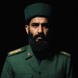 An IRGC guard, viewed from three-sided rear perspective, remains faceless in the dark. He sports a wheat-coloured beard and dons a jade green military uniform, all set against a dark environment.