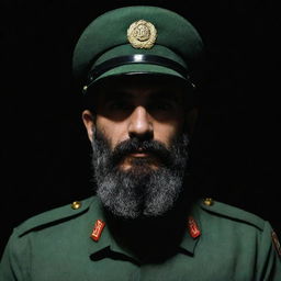 An IRGC guard, viewed from three-sided rear perspective, remains faceless in the dark. He sports a wheat-coloured beard and dons a jade green military uniform, all set against a dark environment.