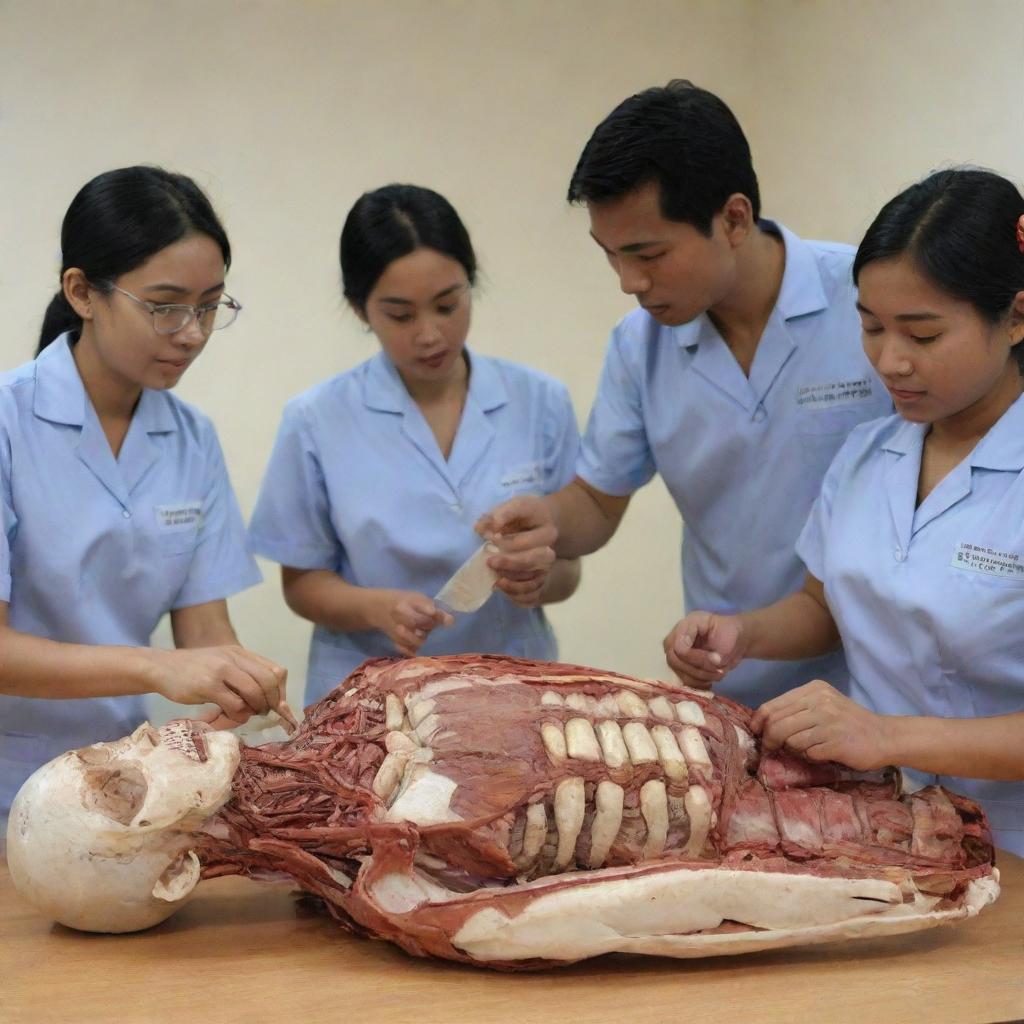 A 3D representation of Indonesian medical students studying a cadaver for an anatomy lesson