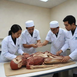 A 3D representation of Indonesian medical students studying a cadaver for an anatomy lesson