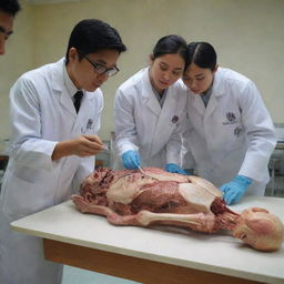 A 3D representation of Indonesian medical students studying a cadaver for an anatomy lesson