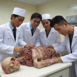 A 3D representation of Indonesian medical students studying a cadaver for an anatomy lesson