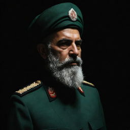 A faceless IRGC guard viewed from three sides, tucked away in the dark. He has a wheat-colored beard and wears an elegant jade green military uniform. The entire atmosphere is filled with mystery and darkness.