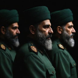 A faceless IRGC guard viewed from three sides, tucked away in the dark. He has a wheat-colored beard and wears an elegant jade green military uniform. The entire atmosphere is filled with mystery and darkness.