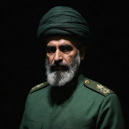 A faceless IRGC guard viewed from three sides, tucked away in the dark. He has a wheat-colored beard and wears an elegant jade green military uniform. The entire atmosphere is filled with mystery and darkness.