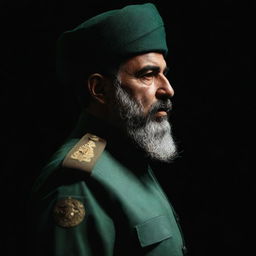 A faceless IRGC guard viewed from three sides, tucked away in the dark. He has a wheat-colored beard and wears an elegant jade green military uniform. The entire atmosphere is filled with mystery and darkness.