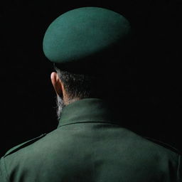 A faceless IRGC guard in a dark environment, depicted from a three-sided rear view. They are sporting a wheat-colored beard and wearing a jade green military uniform.