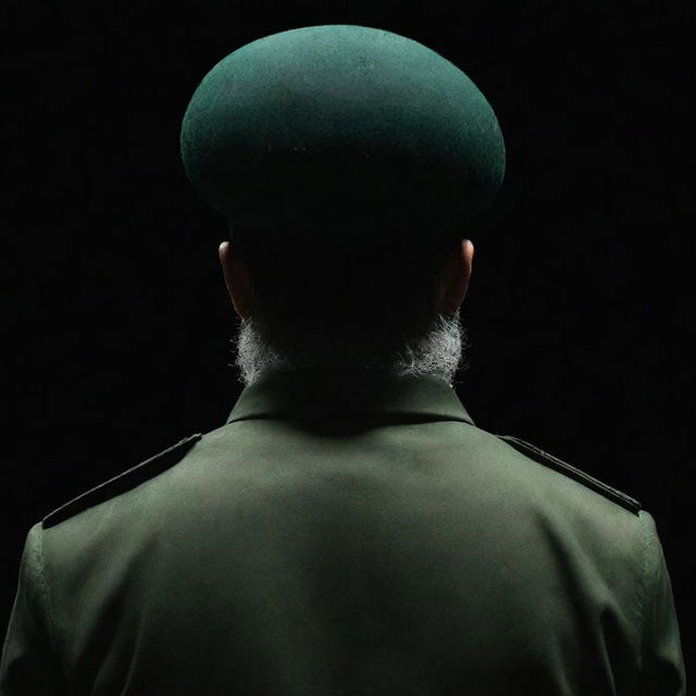 A faceless IRGC guard in a dark environment, depicted from a three-sided rear view. They are sporting a wheat-colored beard and wearing a jade green military uniform.