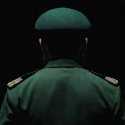 A faceless IRGC guard in a dark environment, depicted from a three-sided rear view. They are sporting a wheat-colored beard and wearing a jade green military uniform.