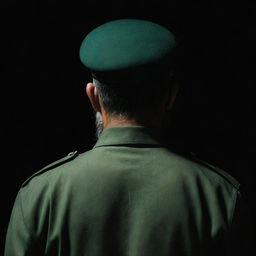 A faceless IRGC guard in a dark environment, depicted from a three-sided rear view. They are sporting a wheat-colored beard and wearing a jade green military uniform.