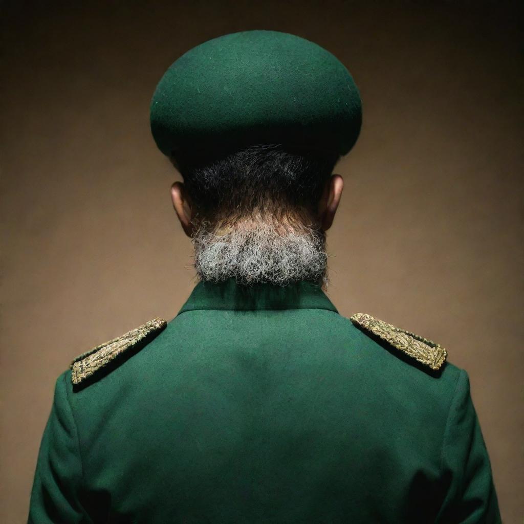 A mysterious figure of an IRGC guard, faceless yet distinctive with a wheat-colored beard, adorning a jade-green military uniform, captured from a three-sided rear view in a dimly lit environment.