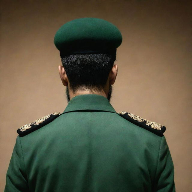 A mysterious figure of an IRGC guard, faceless yet distinctive with a wheat-colored beard, adorning a jade-green military uniform, captured from a three-sided rear view in a dimly lit environment.