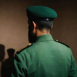 A mysterious figure of an IRGC guard, faceless yet distinctive with a wheat-colored beard, adorning a jade-green military uniform, captured from a three-sided rear view in a dimly lit environment.