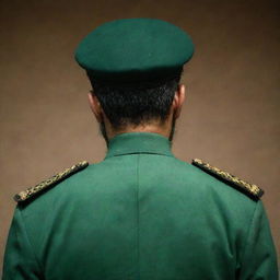 A mysterious figure of an IRGC guard, faceless yet distinctive with a wheat-colored beard, adorning a jade-green military uniform, captured from a three-sided rear view in a dimly lit environment.