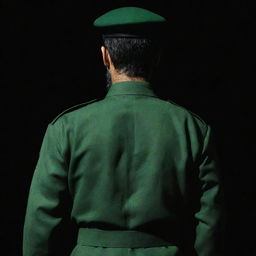 An image of an IRGC guard in jade green military uniform from a three-sided rear view, faceless. He is depicted in a dark environment with a distinctive wheat-colored beard.