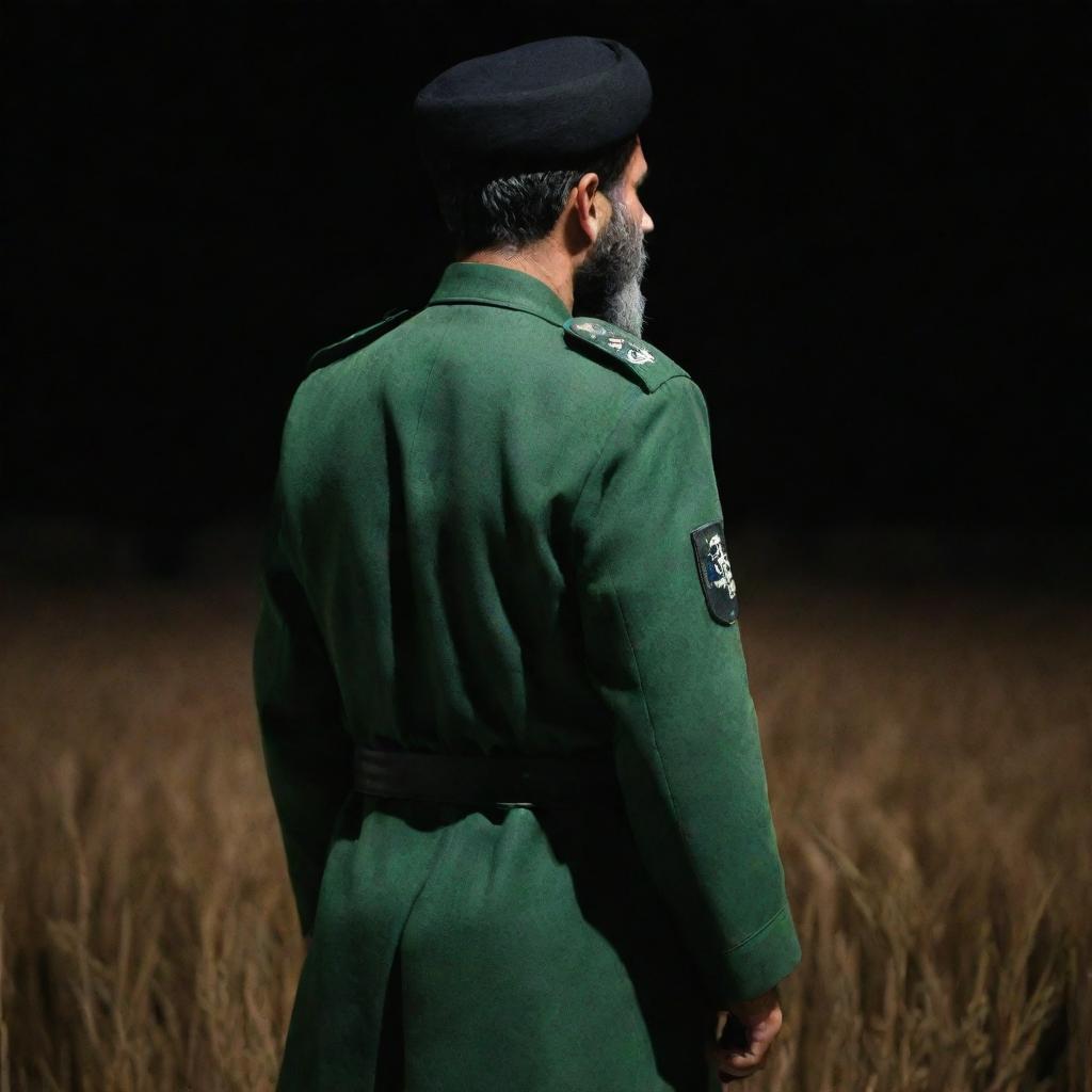 An image of an IRGC guard in jade green military uniform from a three-sided rear view, faceless. He is depicted in a dark environment with a distinctive wheat-colored beard.