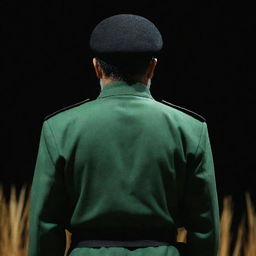 An image of an IRGC guard in jade green military uniform from a three-sided rear view, faceless. He is depicted in a dark environment with a distinctive wheat-colored beard.