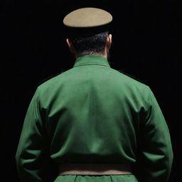 An image of an IRGC guard in jade green military uniform from a three-sided rear view, faceless. He is depicted in a dark environment with a distinctive wheat-colored beard.