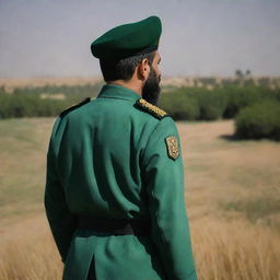 A faceless IRGC guard in a three-sided rear photo view, concealed in shadowy ambiance. He features a wheat beard and is clothed in a jade green military uniform, amidst a gloomy backdrop