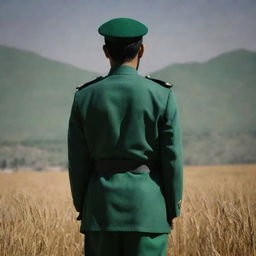 A faceless IRGC guard in a three-sided rear photo view, concealed in shadowy ambiance. He features a wheat beard and is clothed in a jade green military uniform, amidst a gloomy backdrop