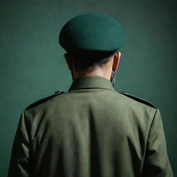 A faceless IRGC guard in a three-sided rear photo view, concealed in shadowy ambiance. He features a wheat beard and is clothed in a jade green military uniform, amidst a gloomy backdrop