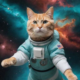 A cat astronaut floating in outer space with the Andromeda Nebula in the background. The colors dominating the scene are teal and orange.