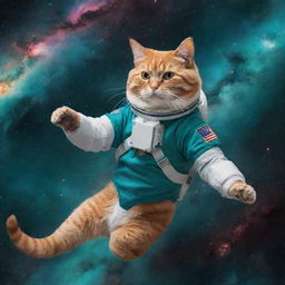 A cat astronaut floating in outer space with the Andromeda Nebula in the background. The colors dominating the scene are teal and orange.