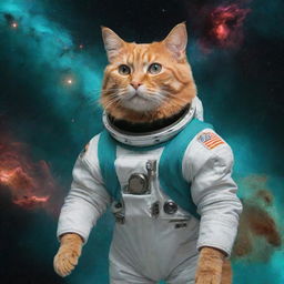 A cat astronaut floating in outer space with the Andromeda Nebula in the background. The colors dominating the scene are teal and orange.