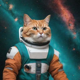 A cat astronaut floating in outer space with the Andromeda Nebula in the background. The colors dominating the scene are teal and orange.