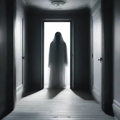 In the haunted house, the ghostly figure silently prowls the dark corridors, striking fear into the hearts of anyone who dares to enter.