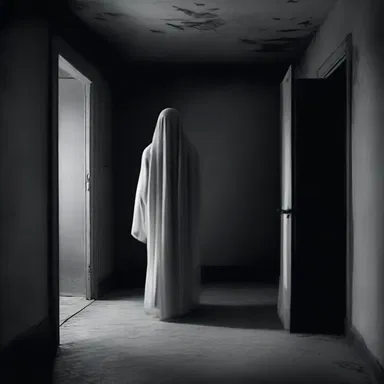 In the haunted house, the ghostly figure silently prowls the dark corridors, striking fear into the hearts of anyone who dares to enter.