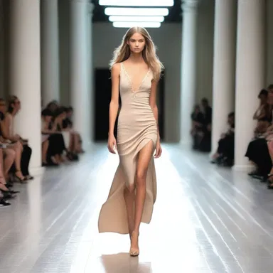 The supermodel elegantly prowls down the runway, captivating everyone with her graceful and confident strides.