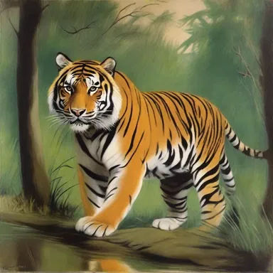 The artist captured the grace and mystery of the prowling tiger in his painting.