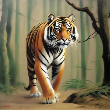 The artist captured the grace and mystery of the prowling tiger in his painting.