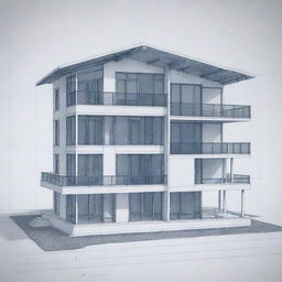 Detailed architectural blueprints of a modern, multi-story house with large windows and open living spaces