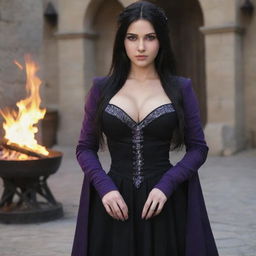 medieval beatifull manipulating fire with her hands, bigb boobs, sexy full body, black hair girl with purple eyes, 23 years old, she is a piro controler, black clothes, sexy, piromancer, in ocation place, charmOfTheRealm, realistic hd, high detailed,