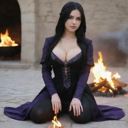 medieval beatifull manipulating fire with her hands, bigb boobs, sexy full body, black hair girl with purple eyes, 23 years old, she is a piro controler, black clothes, sexy, piromancer, in ocation place, charmOfTheRealm, realistic hd, high detailed,