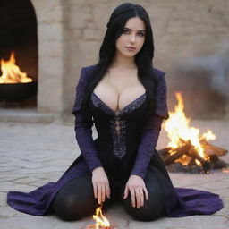 medieval beatifull manipulating fire with her hands, bigb boobs, sexy full body, black hair girl with purple eyes, 23 years old, she is a piro controler, black clothes, sexy, piromancer, in ocation place, charmOfTheRealm, realistic hd, high detailed,