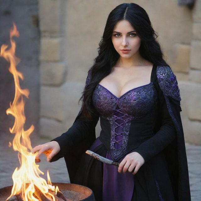 medieval beatifull manipulating fire with her hands, bigb boobs, sexy full body, black hair girl with purple eyes, 23 years old, she is a piro controler, black clothes, sexy, piromancer, in ocation place, charmOfTheRealm, realistic hd, high detailed,