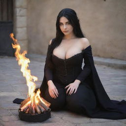 medieval beatifull manipulating fire with her hands, bigb boobs, sexy full body, black hair girl with purple eyes, 23 years old, she is a piro controler, black clothes, sexy, piromancer, in ocation place, charmOfTheRealm, realistic hd, high detailed,