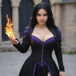 medieval beatifull manipulating fire with her hands, bigb boobs, sexy full body, black hair girl with purple eyes, 23 years old, she is a piro controler, black clothes, sexy, piromancer, in ocation place, charmOfTheRealm, realistic hd, high detailed,