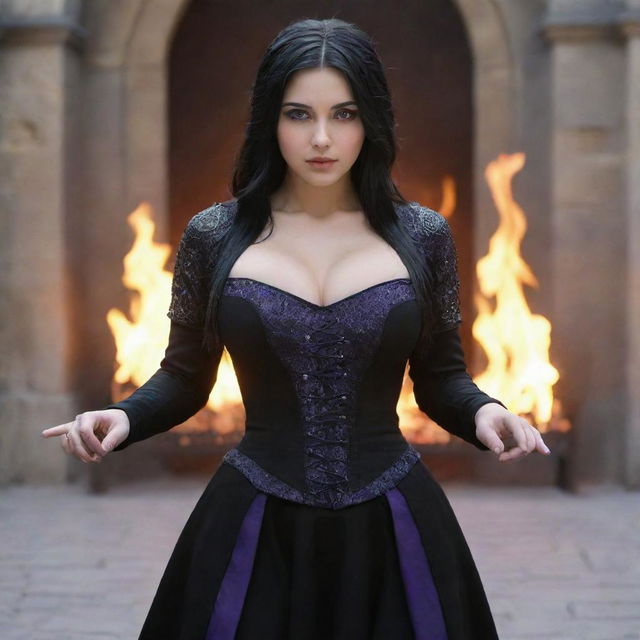 medieval beatifull manipulating fire with her hands, bigb boobs, sexy full body, black hair girl with purple eyes, 23 years old, she is a piro controler, black clothes, sexy, piromancer, in ocation place, charmOfTheRealm, realistic hd, high detailed,