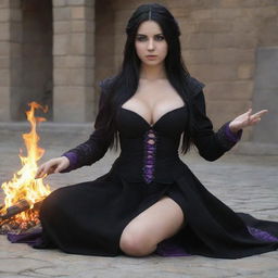 medieval beatifull manipulating fire with her hands, bigb boobs, sexy full body, black hair girl with purple eyes, 23 years old, she is a piro controler, black clothes, sexy, piromancer, in ocation place, charmOfTheRealm, realistic hd, high detailed,