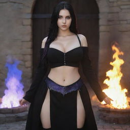 medieval beatifull manipulating fire with her eyes, bigb boobs, sexy full body, black hair girl with purple eyes, 23 years old, she is a piro controler, black clothes, sexy, piromancer, in ocation place, charmOfTheRealm, realistic hd, high detailed,